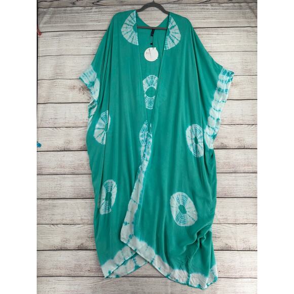 Boho Me Tie Dye Maxi Kimono Cover Up Womens 2x/3x Jade Green White NEW - Picture 1 of 11